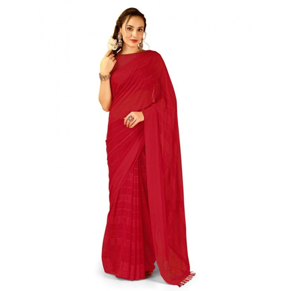 Women's Chiffon Fabric Line Saree With Unstitched Blouse (Red, 5-6 Mtrs)