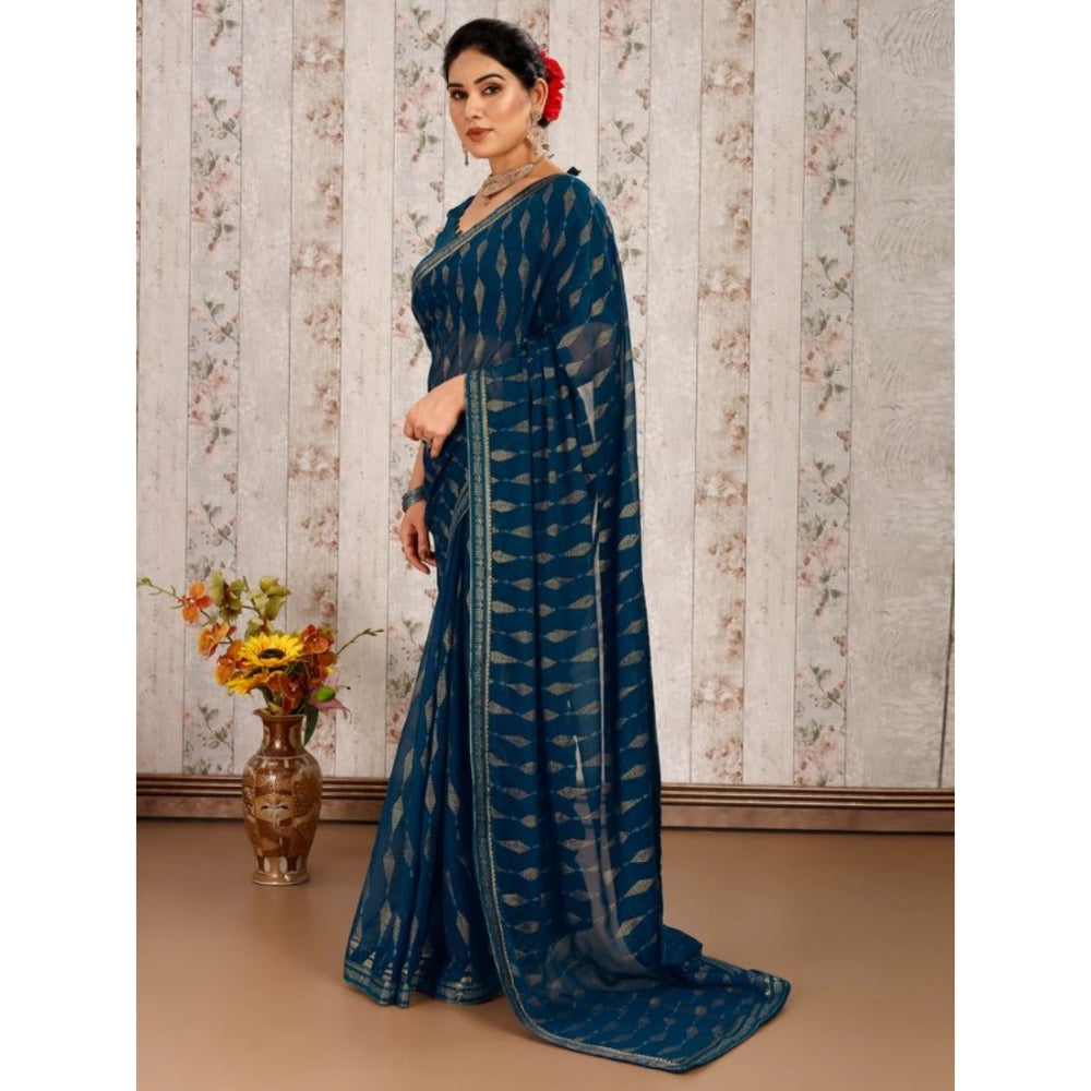 Women's Zomto Laheriya Saree With Unstitched Blouse (Blue, 5-6 Mtrs)