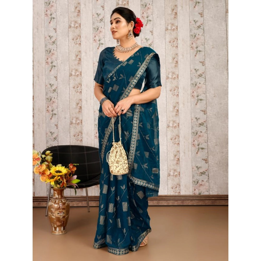 Women's Zomto Patta Chiffon Saree With Unstitched Blouse (Blue, 5-6 Mtrs)