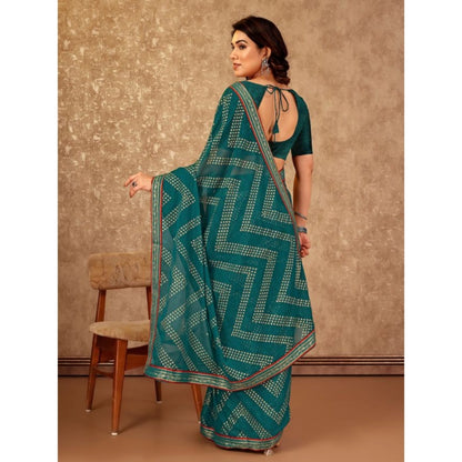 Women's Zomto Zig Zag Saree With Unstitched Blouse (Teal Blue, 5-6 Mtrs)