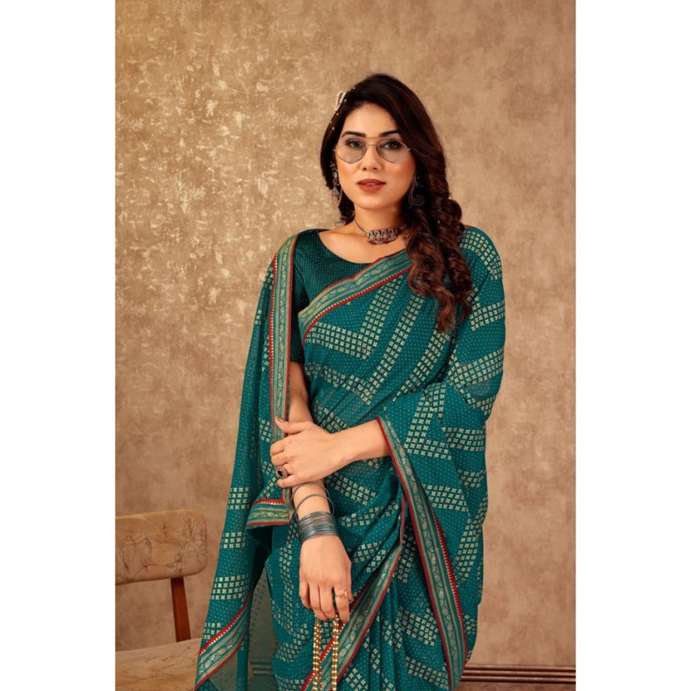 Women's Zomto Zig Zag Saree With Unstitched Blouse (Teal Blue, 5-6 Mtrs)