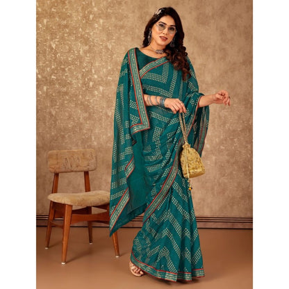 Women's Zomto Zig Zag Saree With Unstitched Blouse (Teal Blue, 5-6 Mtrs)