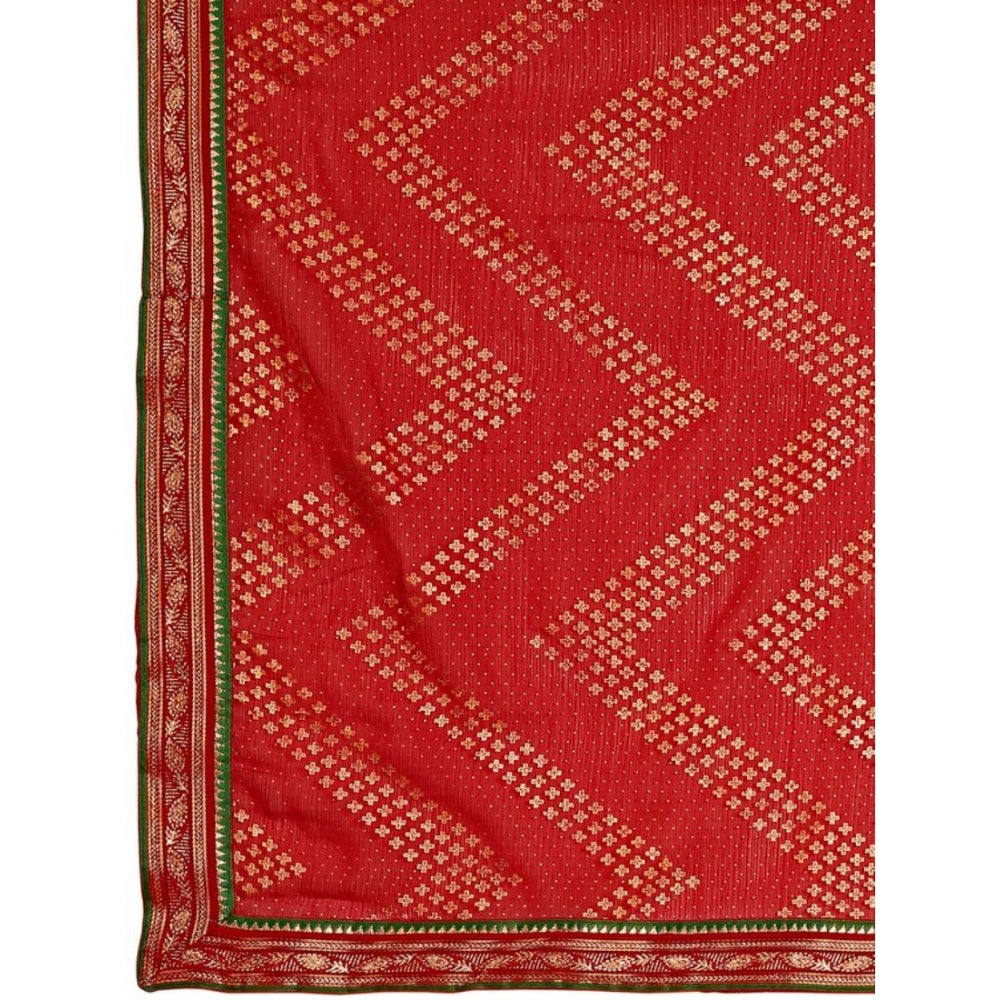 Women's Zomto Zig Zag Saree With Unstitched Blouse (Red, 5-6 Mtrs)