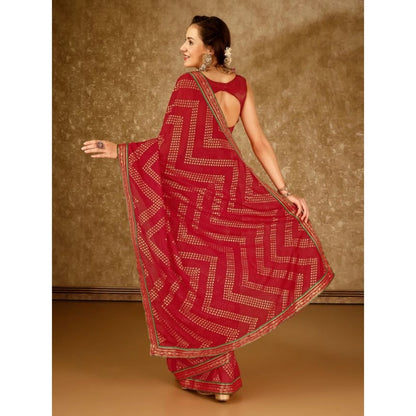 Women's Zomto Zig Zag Saree With Unstitched Blouse (Red, 5-6 Mtrs)