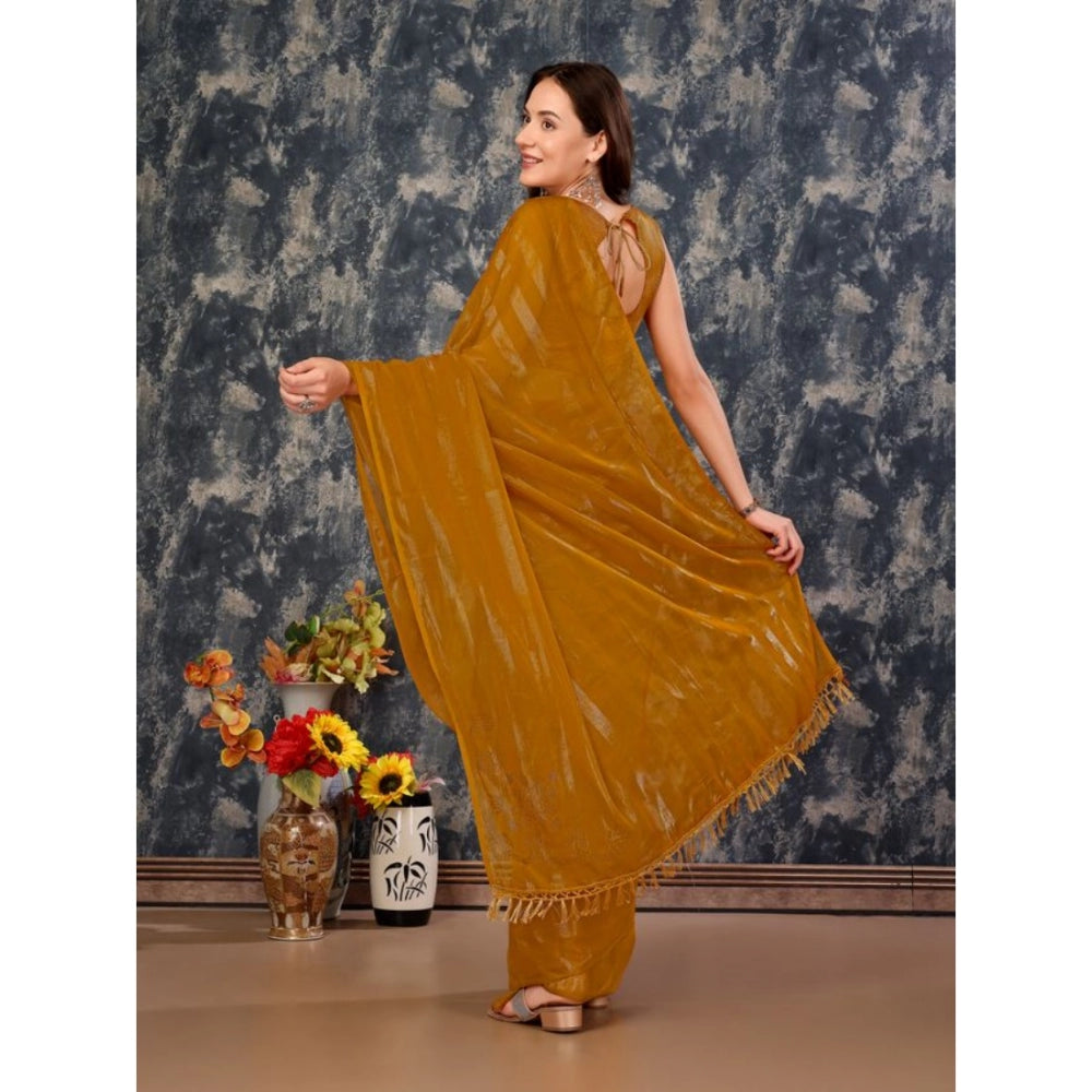 Women's Chiffon Fabric Line Saree With Unstitched Blouse (Mustard, 5-6 Mtrs)