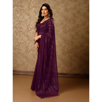 Women's Chiffon Fabric Line Saree With Unstitched Blouse (Purple, 5-6 Mtrs)