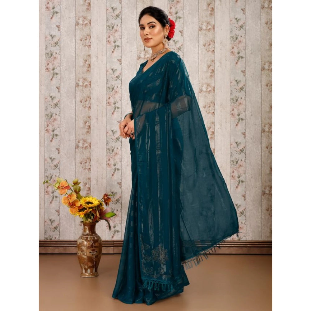 Women's Chiffon Fabric Line Saree With Unstitched Blouse (Teal Blue, 5-6 Mtrs)