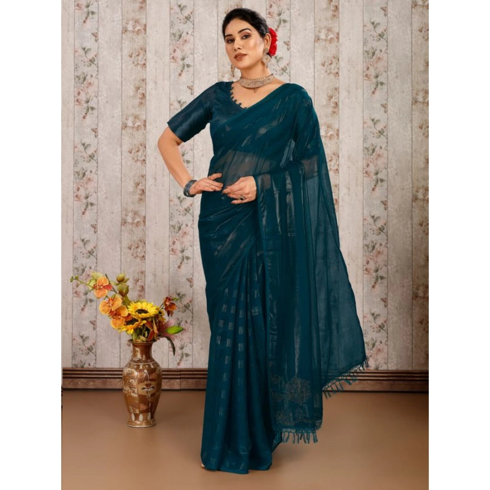 Women's Chiffon Fabric Line Saree With Unstitched Blouse (Teal Blue, 5-6 Mtrs)