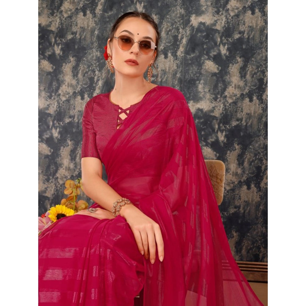 Women's Chiffon Fabric Line Saree With Unstitched Blouse (Rani, 5-6 Mtrs)