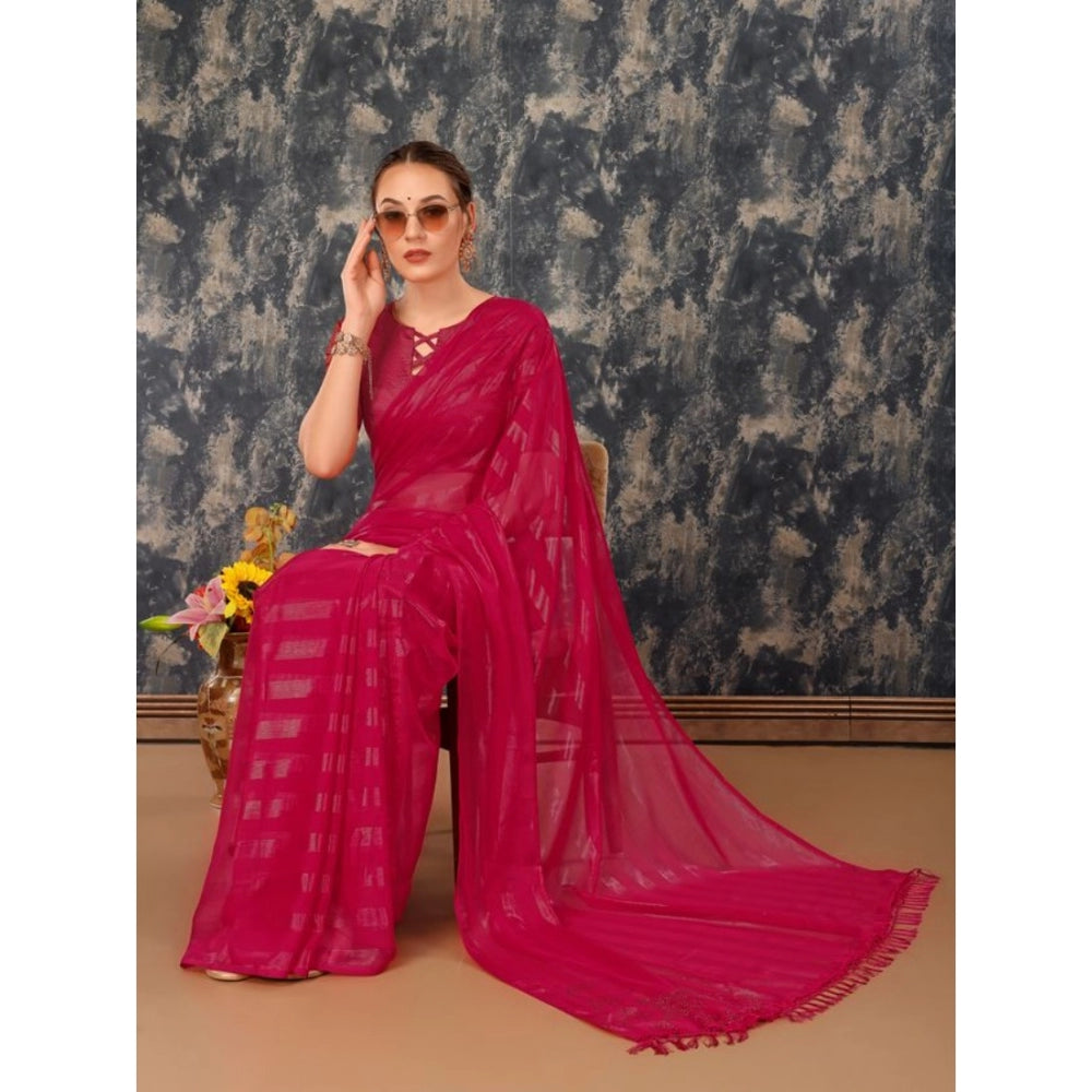 Women's Chiffon Fabric Line Saree With Unstitched Blouse (Rani, 5-6 Mtrs)