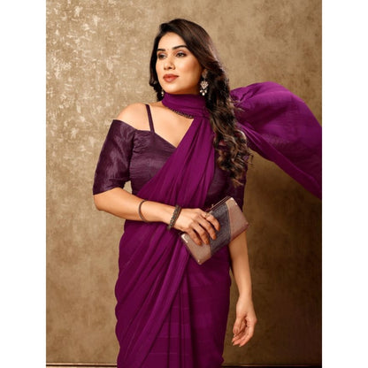 Women's Chiffon Fabric Line Saree With Unstitched Blouse (Wine, 5-6 Mtrs)