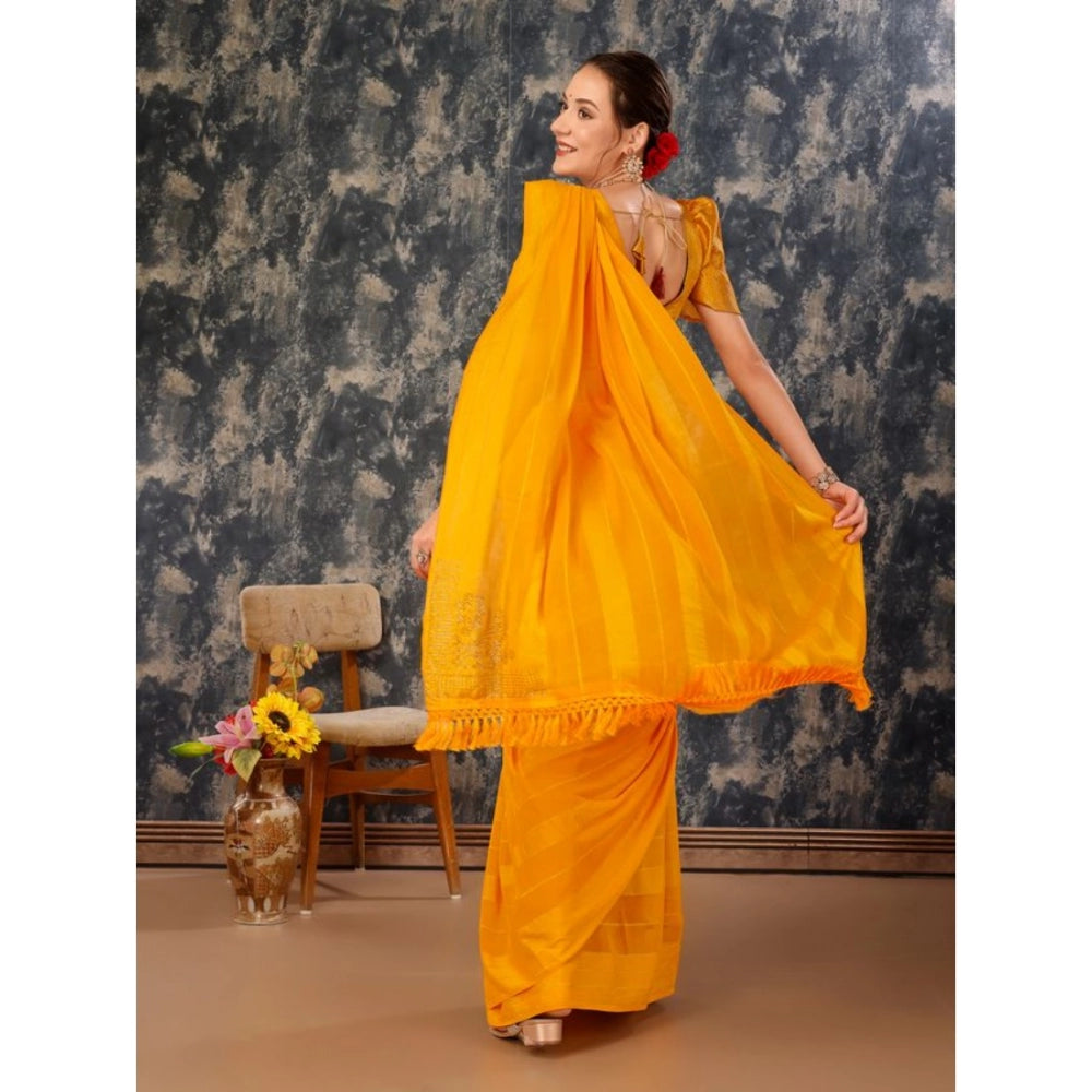 Women's Chiffon Fabric Line Saree With Unstitched Blouse (Yellow, 5-6 Mtrs)