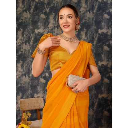 Women's Chiffon Fabric Line Saree With Unstitched Blouse (Yellow, 5-6 Mtrs)