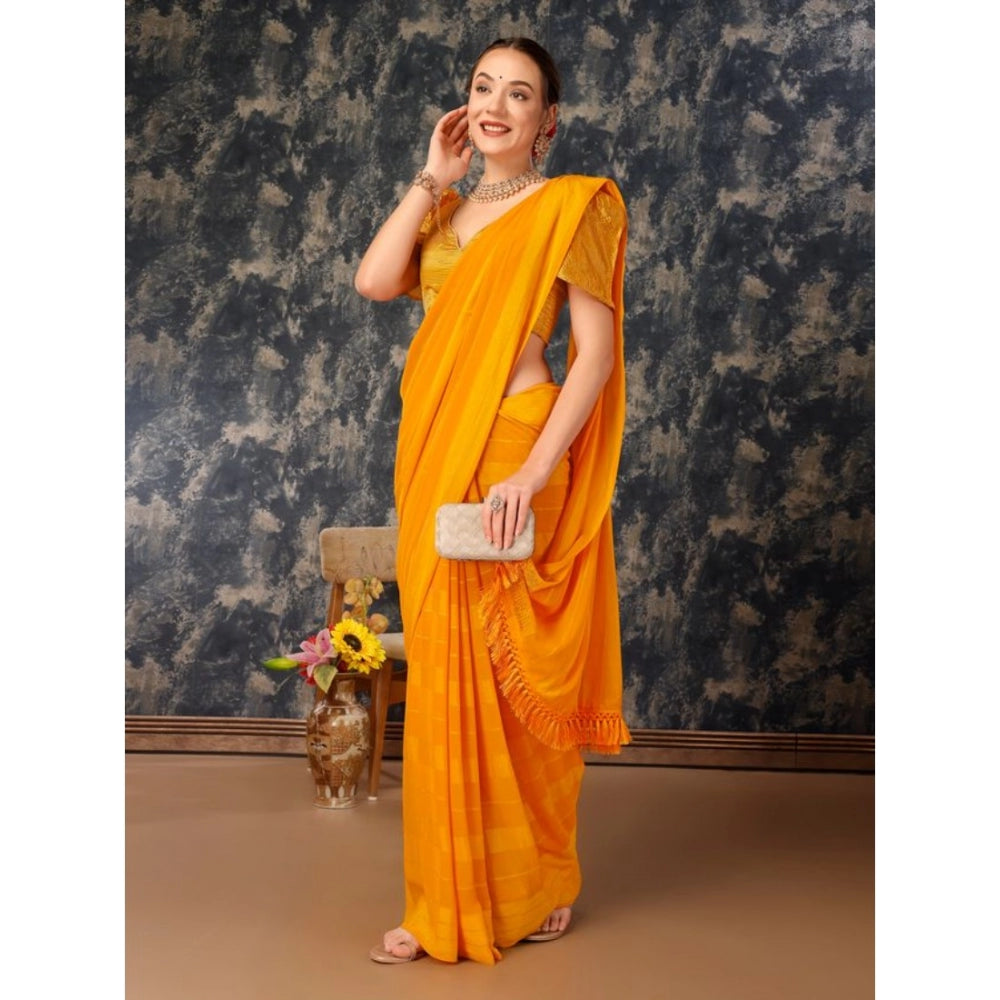 Women's Chiffon Fabric Line Saree With Unstitched Blouse (Yellow, 5-6 Mtrs)