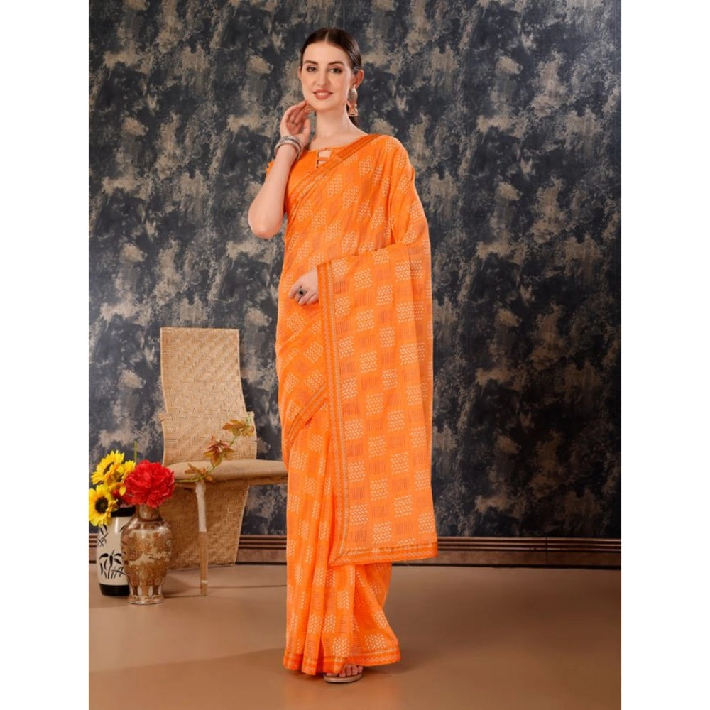 Women's Zomto Checked Saree With Unstitched Blouse (Orange, 5-6 Mtrs)