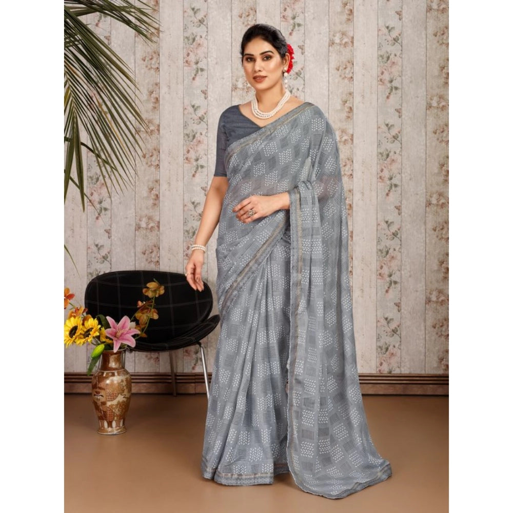 Women's Zomto Checked Saree With Unstitched Blouse (Grey, 5-6 Mtrs)