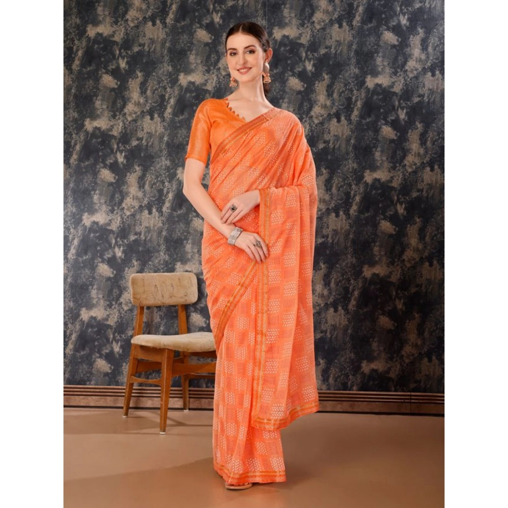 Women's Zomto Checked Saree With Unstitched Blouse (Peach, 5-6 Mtrs)