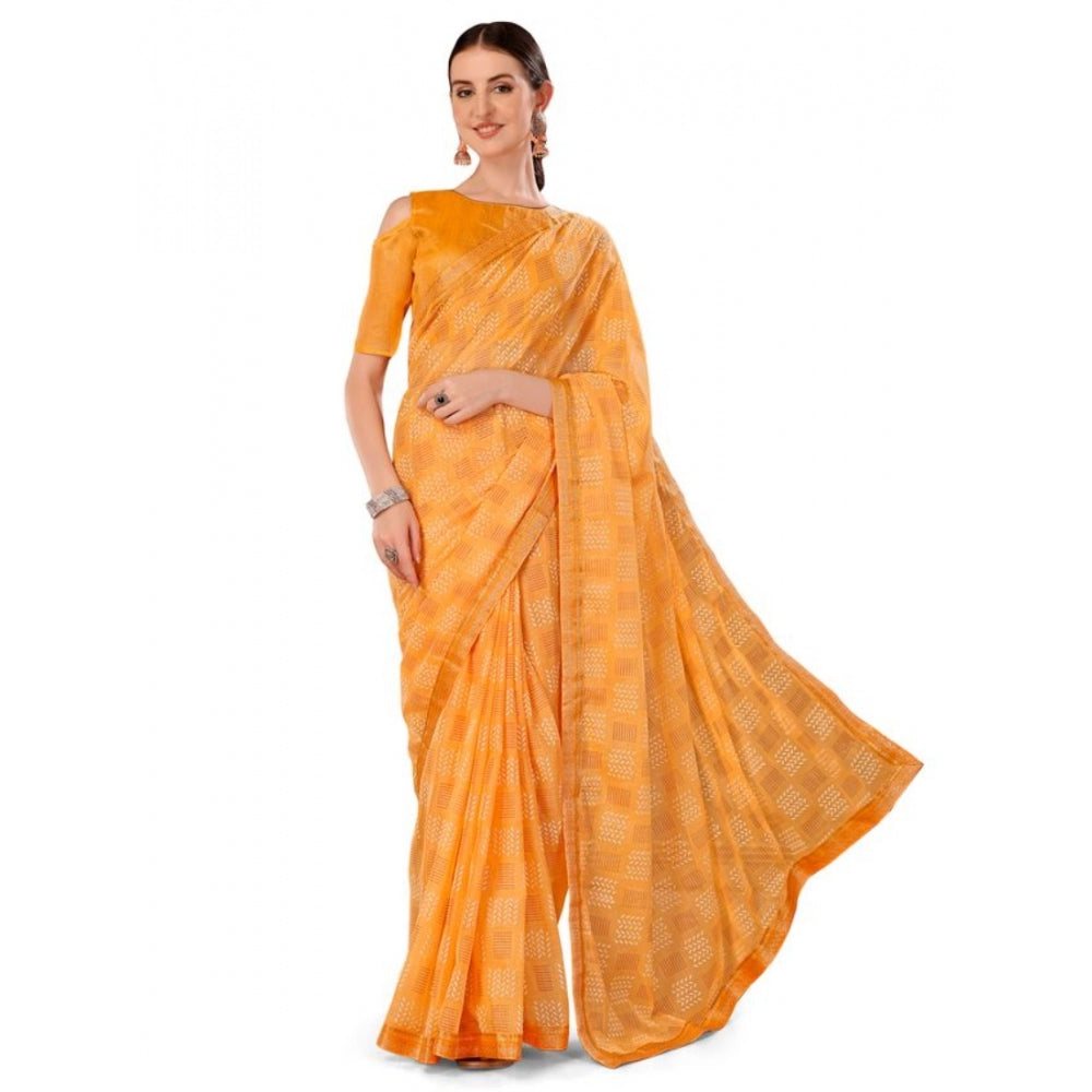 Women's Zomto Checked Saree With Unstitched Blouse (Yellow, 5-6 Mtrs)