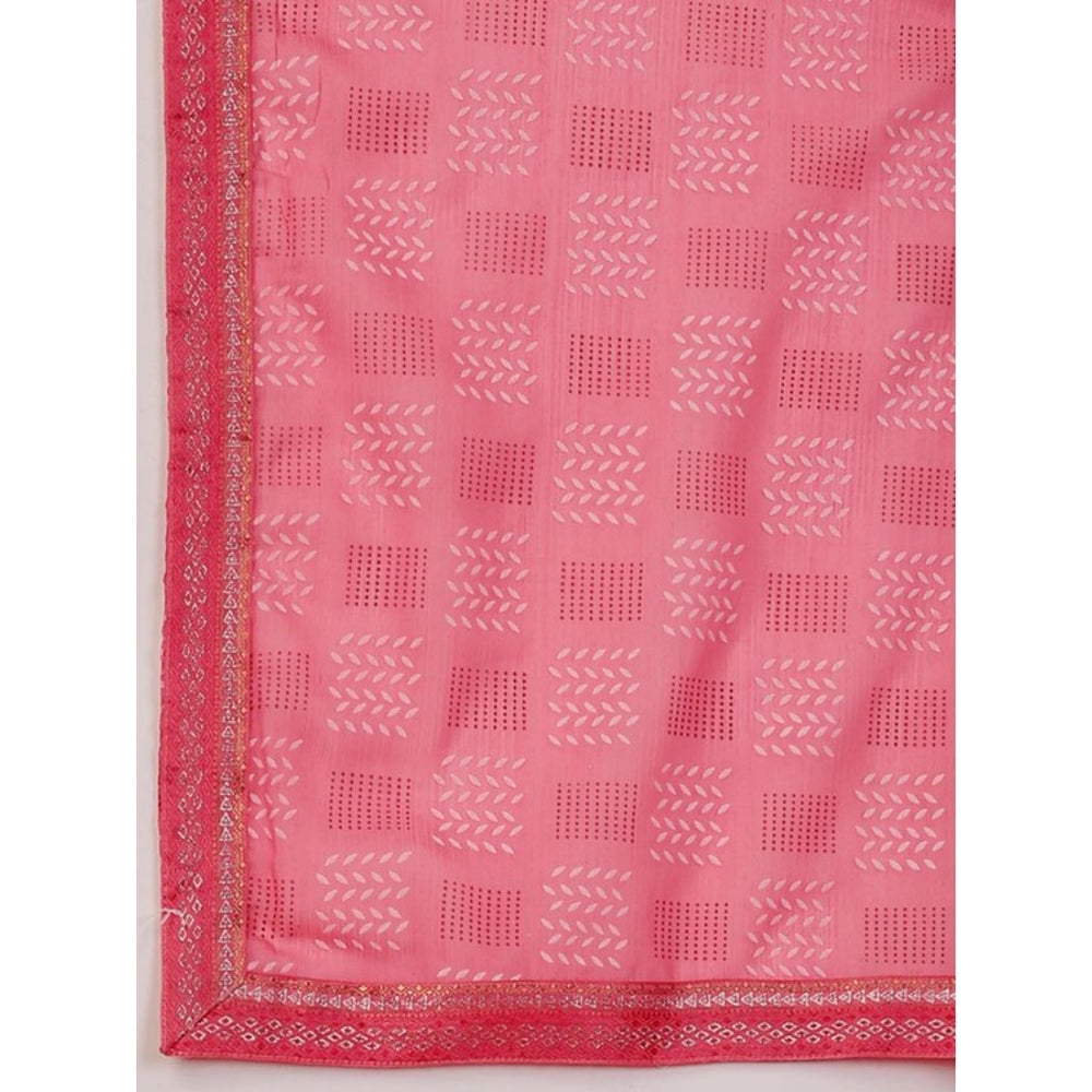 Women's Zomto Checked Saree With Unstitched Blouse (Pink, 5-6 Mtrs)