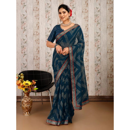 Women's Zomto Zig Zag Saree With Unstitched Blouse (Blue, 5-6 Mtrs)