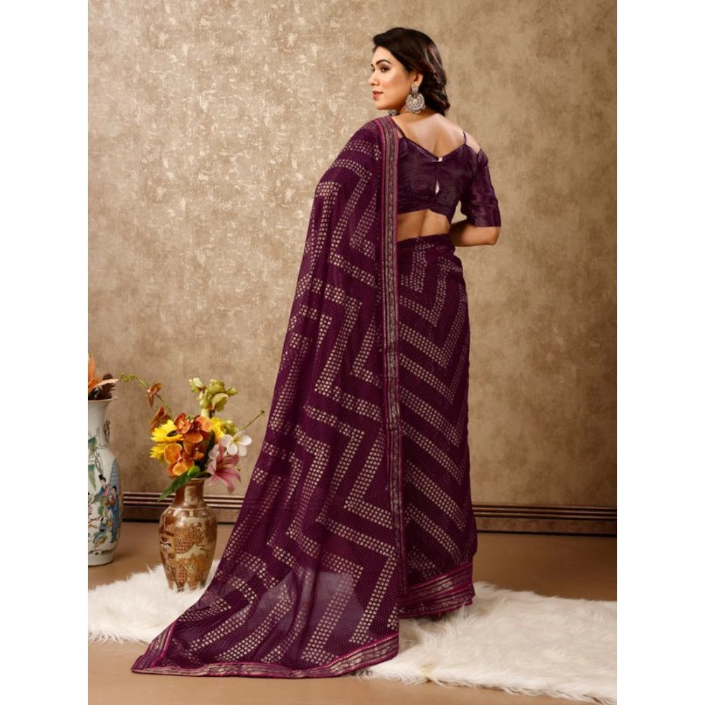 Women's Zomto Zig Zag Saree With Unstitched Blouse (Wine, 5-6 Mtrs)