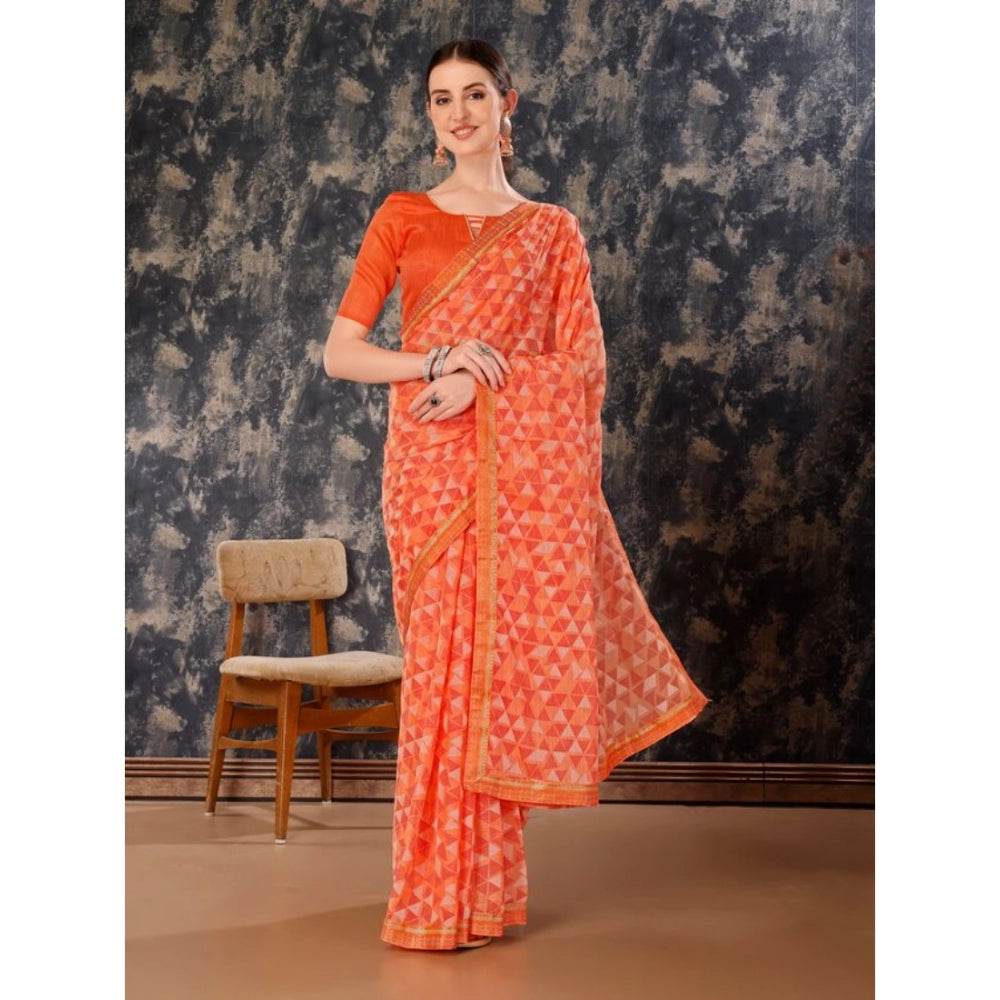 Women's Zomto Printed Saree With Unstitched Blouse (Peach, 5-6 Mtrs)