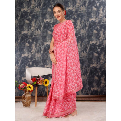 Women's Zomto Printed Saree With Unstitched Blouse (Pink, 5-6 Mtrs)