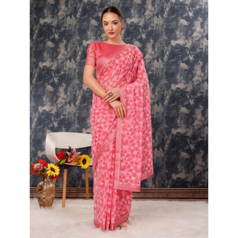 Women's Zomto Printed Saree With Unstitched Blouse (Pink, 5-6 Mtrs)