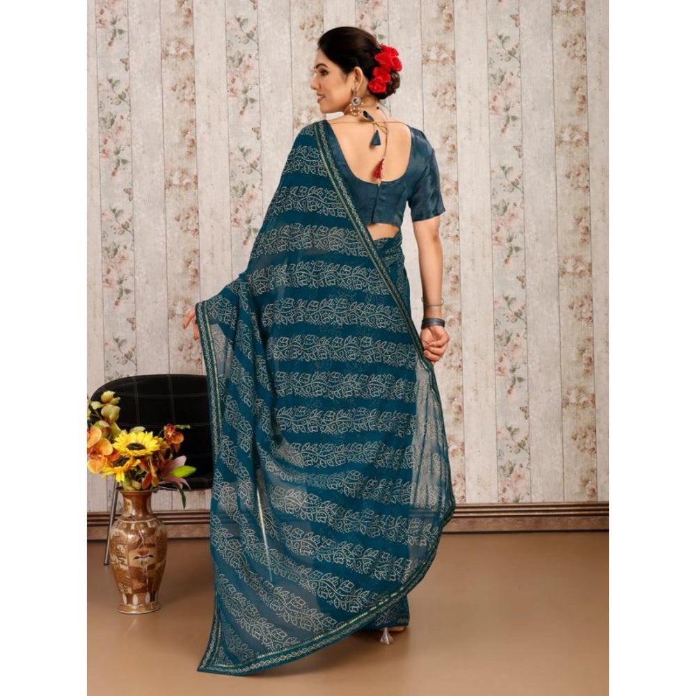 Women's Zomto Bandhini Saree With Unstitched Blouse (Blue, 5-6 Mtrs)