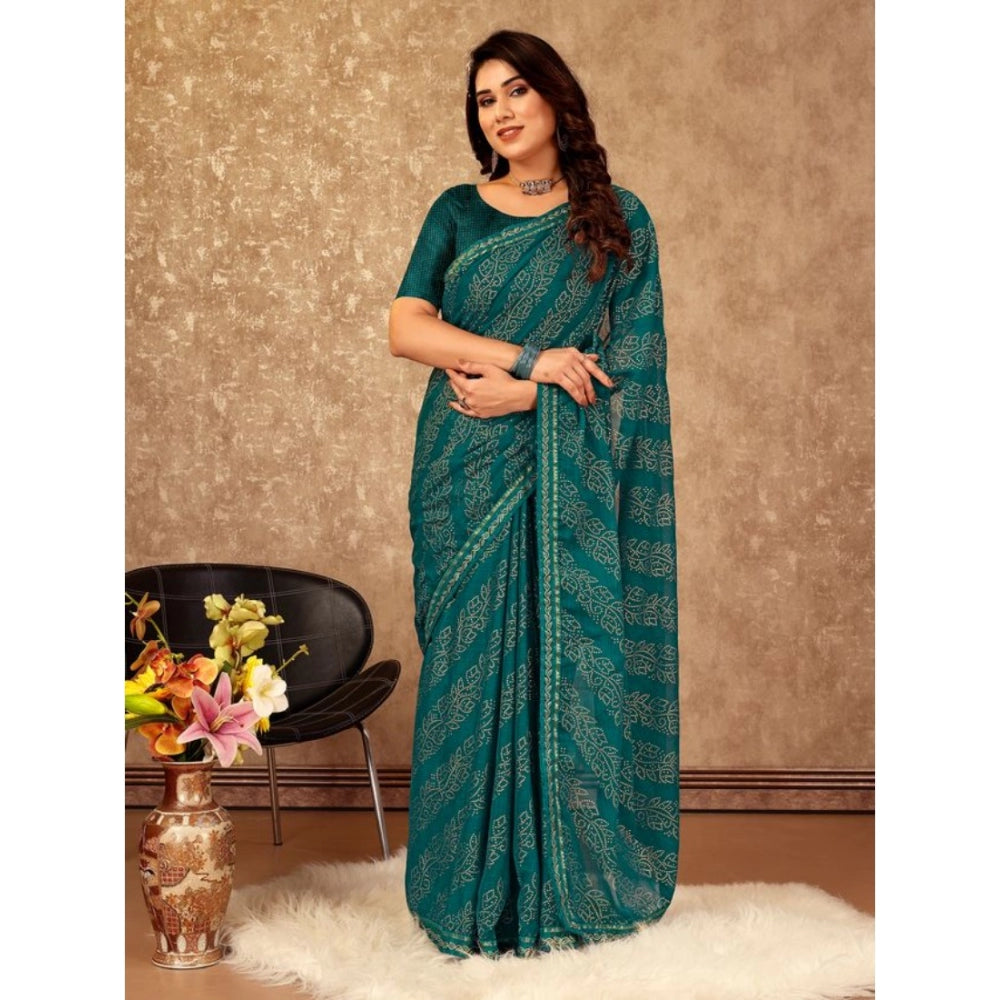 Women's Zomto Bandhini Saree With Unstitched Blouse (Teal Blue, 5-6 Mtrs)