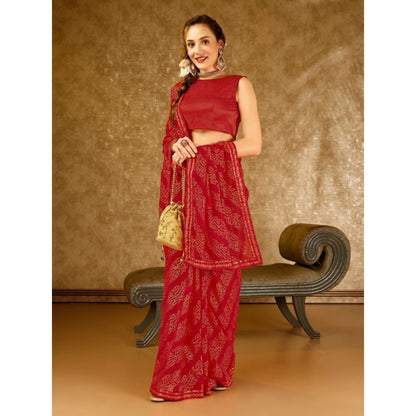 Women's Zomto Bandhini Saree With Unstitched Blouse (Red, 5-6 Mtrs)