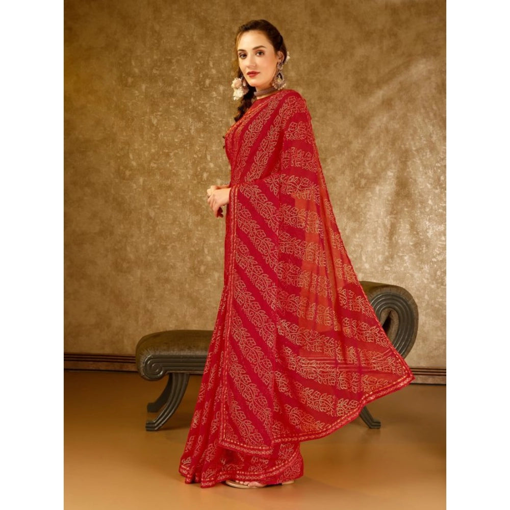 Women's Zomto Bandhini Saree With Unstitched Blouse (Red, 5-6 Mtrs)