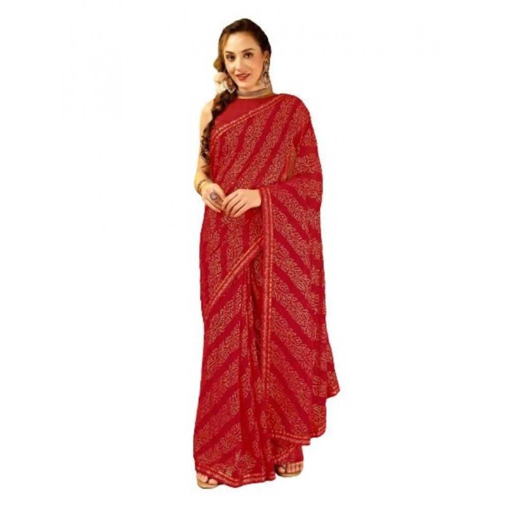 Women's Zomto Bandhini Saree With Unstitched Blouse (Red, 5-6 Mtrs)