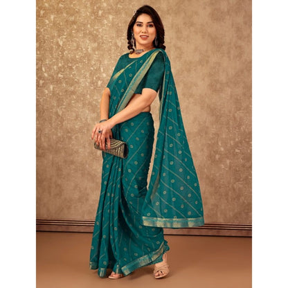 Women's Zomto Bandhini Saree With Unstitched Blouse (Teal Blue, 5-6 Mtrs)