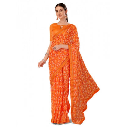 Women's Zomto Printed Saree With Unstitched Blouse (Dark Orange, 5-6 Mtrs)