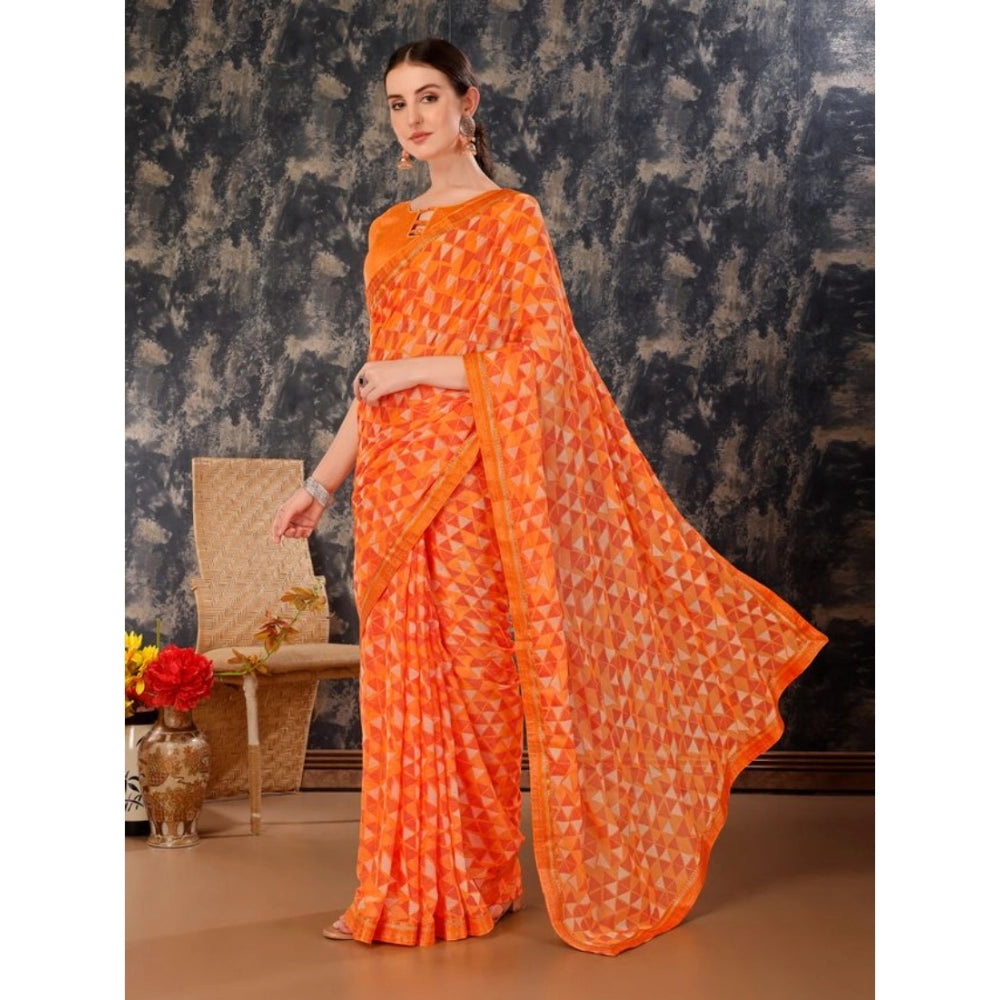 Women's Zomto Printed Saree With Unstitched Blouse (Dark Orange, 5-6 Mtrs)