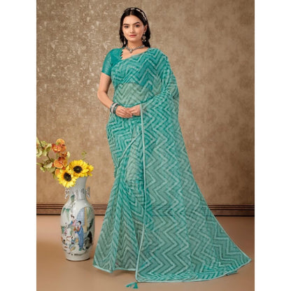 Women's Linen Zig Zag Saree With Unstitched Blouse (Turquies Green, 5-6 Mtrs)