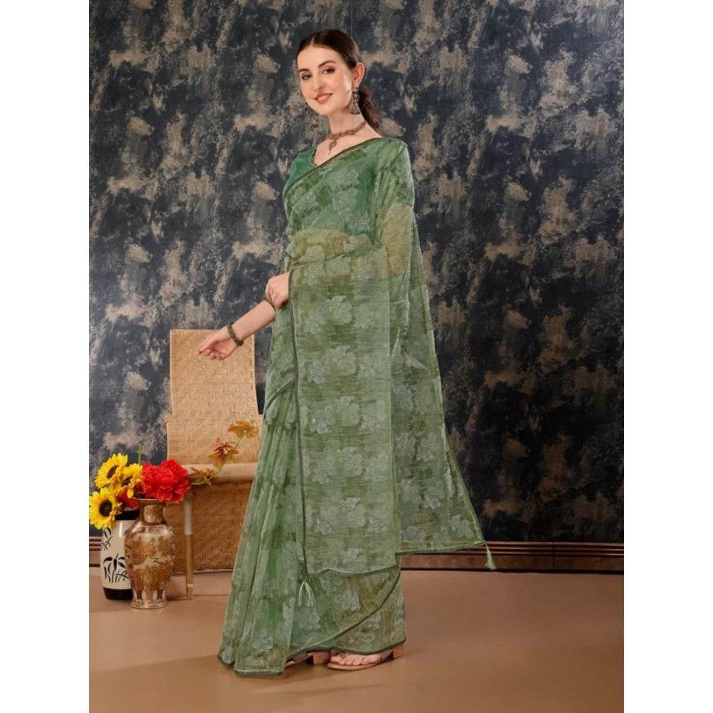 Women's Linen Floral Printed Saree With Unstitched Blouse (Green, 5-6 Mtrs)