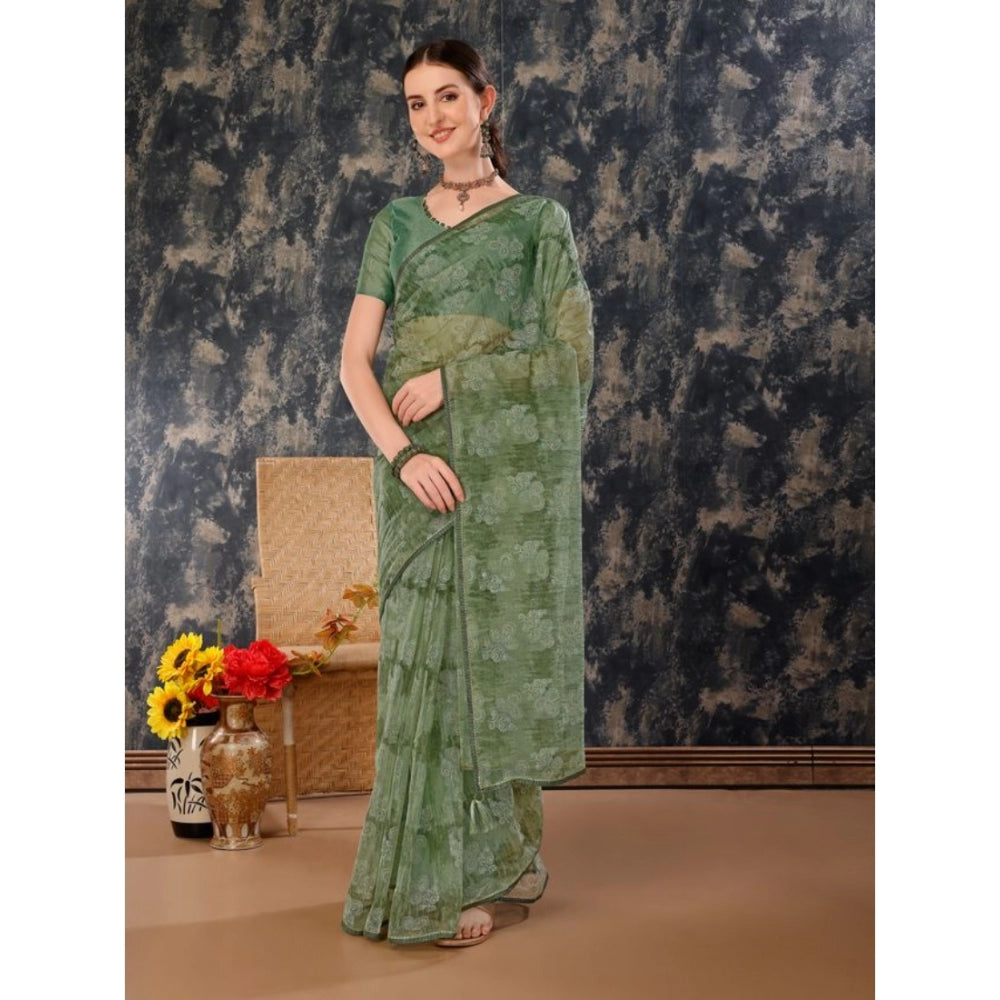 Women's Linen Floral Printed Saree With Unstitched Blouse (Green, 5-6 Mtrs)