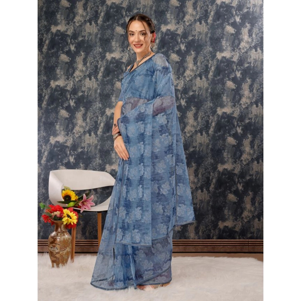 Women's Linen Floral Printed Saree With Unstitched Blouse (Blue, 5-6 Mtrs)