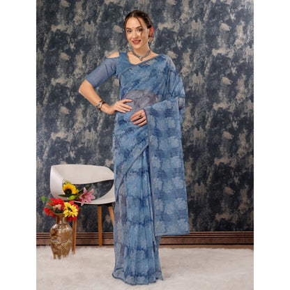 Women's Linen Floral Printed Saree With Unstitched Blouse (Blue, 5-6 Mtrs)