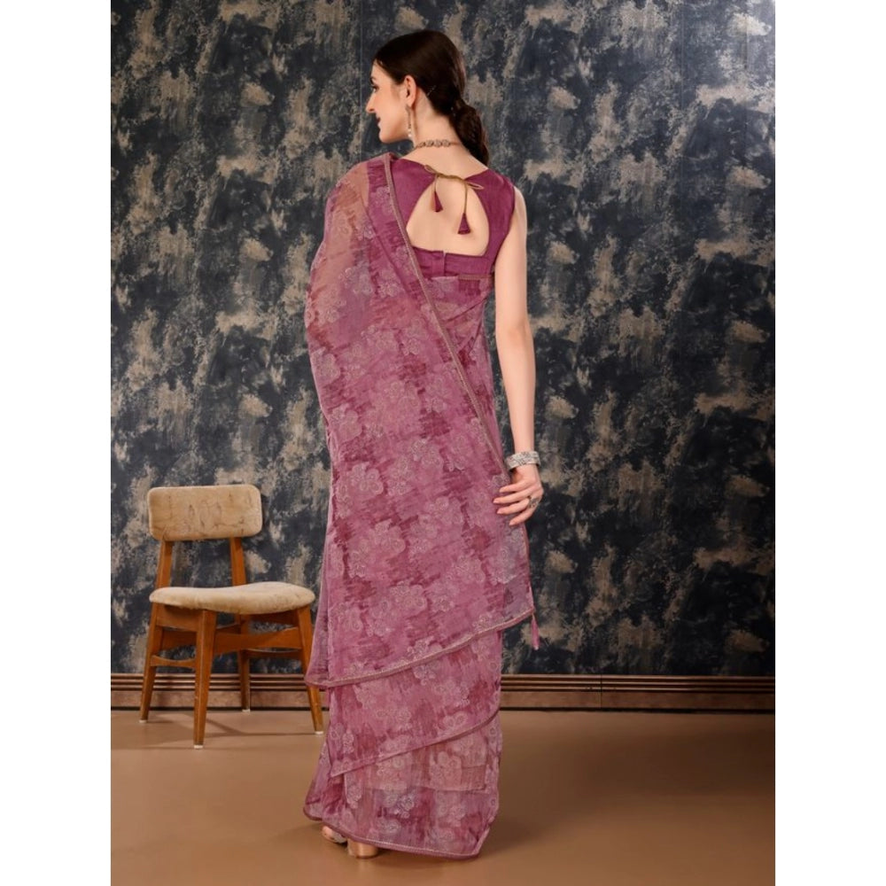 Women's Linen Floral Printed Saree With Unstitched Blouse (Purple, 5-6 Mtrs)