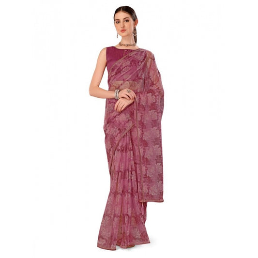 Women's Linen Floral Printed Saree With Unstitched Blouse (Purple, 5-6 Mtrs)