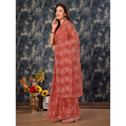 Women's Linen Floral Printed Saree With Unstitched Blouse (Peach, 5-6 Mtrs)