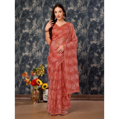 Women's Linen Floral Printed Saree With Unstitched Blouse (Peach, 5-6 Mtrs)