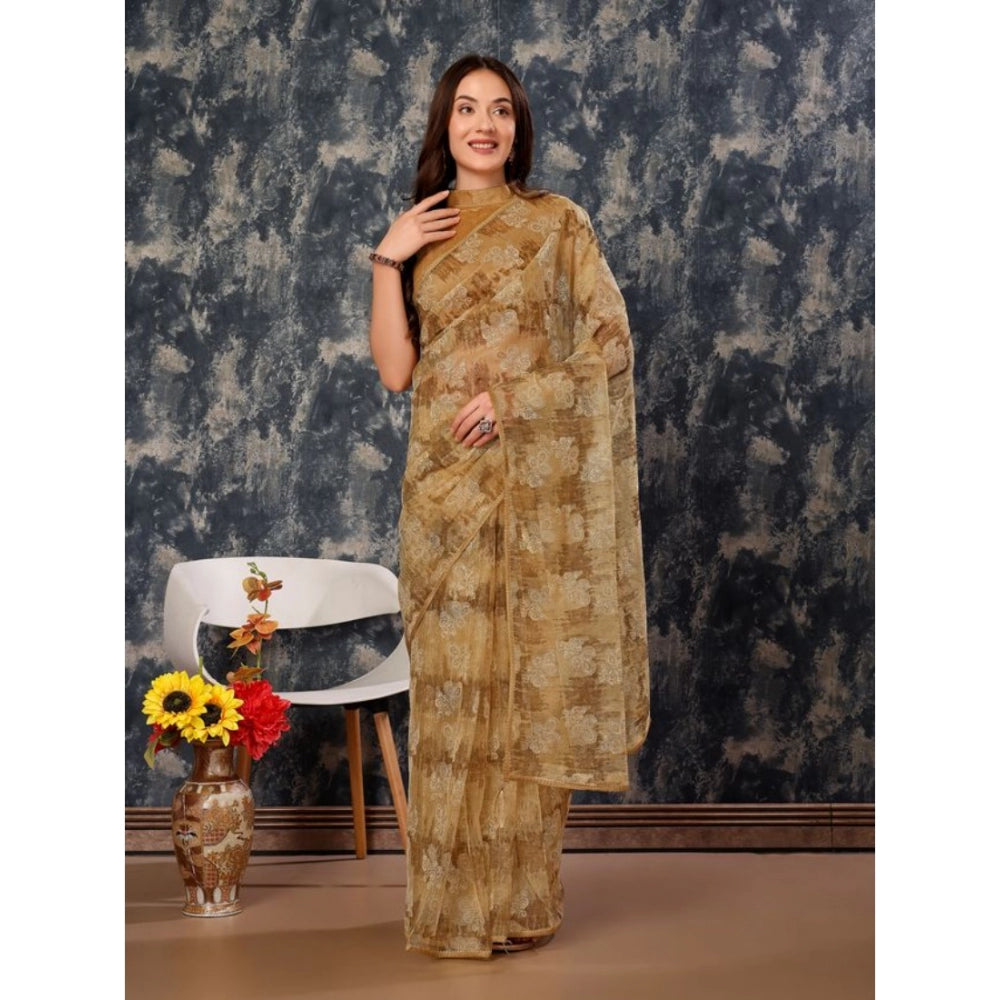 Women's Linen Floral Printed Saree With Unstitched Blouse (Brown, 5-6 Mtrs)