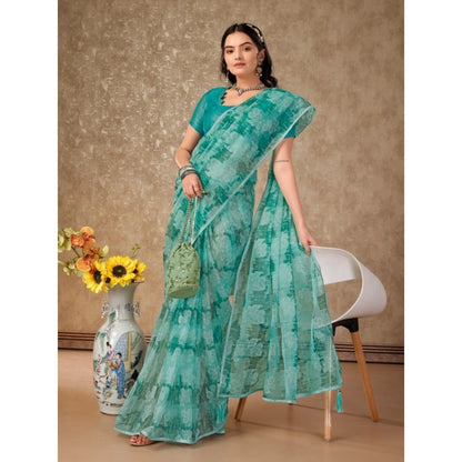 Women's Linen Floral Printed Saree With Unstitched Blouse (Turquies Green, 5-6 Mtrs)