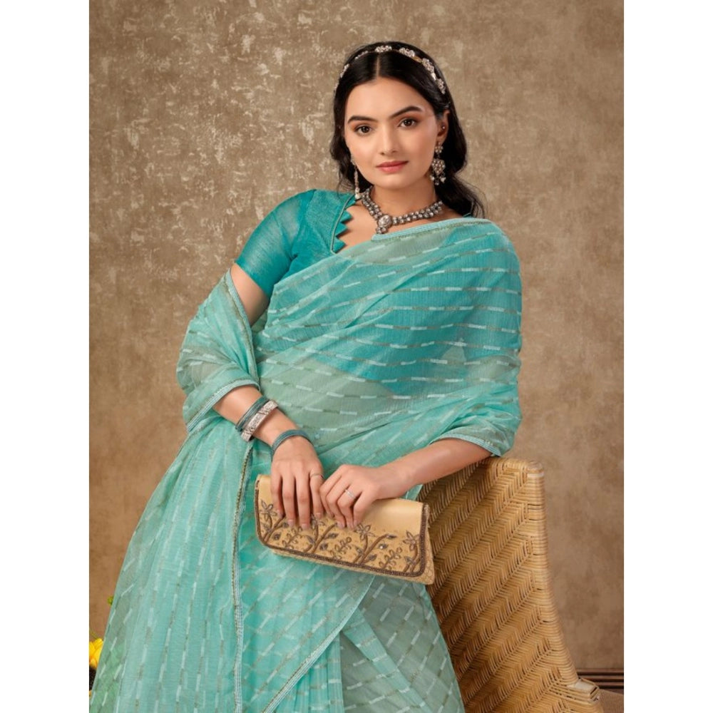 Women's Linen Line Saree With Unstitched Blouse (Turquies Green, 5-6 Mtrs)