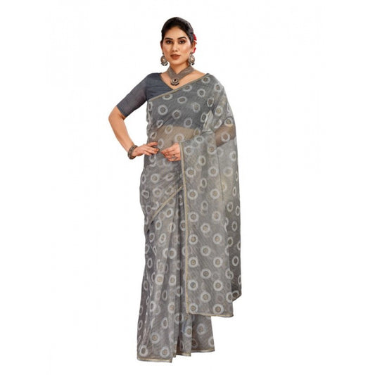 Women's Linen Gola Printed Saree With Unstitched Blouse (Grey, 5-6 Mtrs)