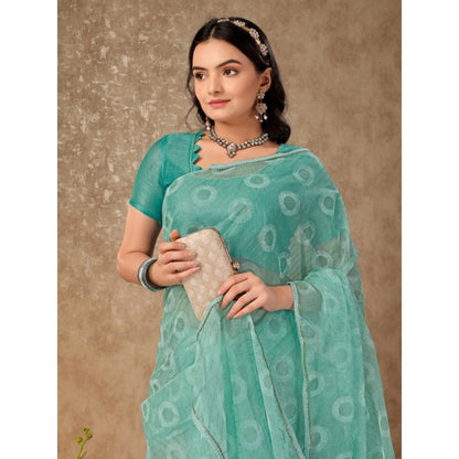 Women's Linen Gola Printed Saree With Unstitched Blouse (Turquies Green, 5-6 Mtrs)